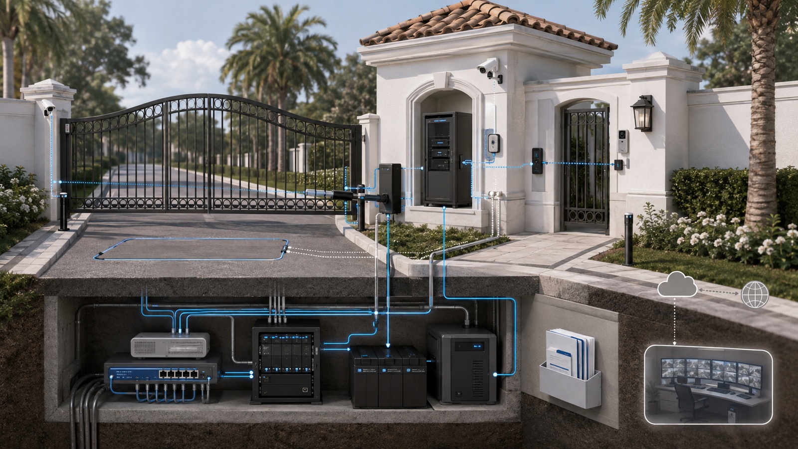 Smart gate supported by local control, safety sensors, networking, backup power, cameras, intercoms, and emergency procedures.