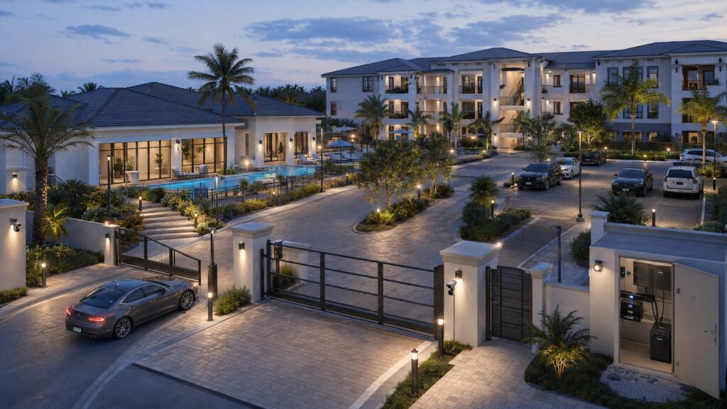smart-lighting-shared-residential-properties Smart lighting infrastructure coordinating entrances, pathways, parking, amenities, landscaping, security areas, and centralized property controls.