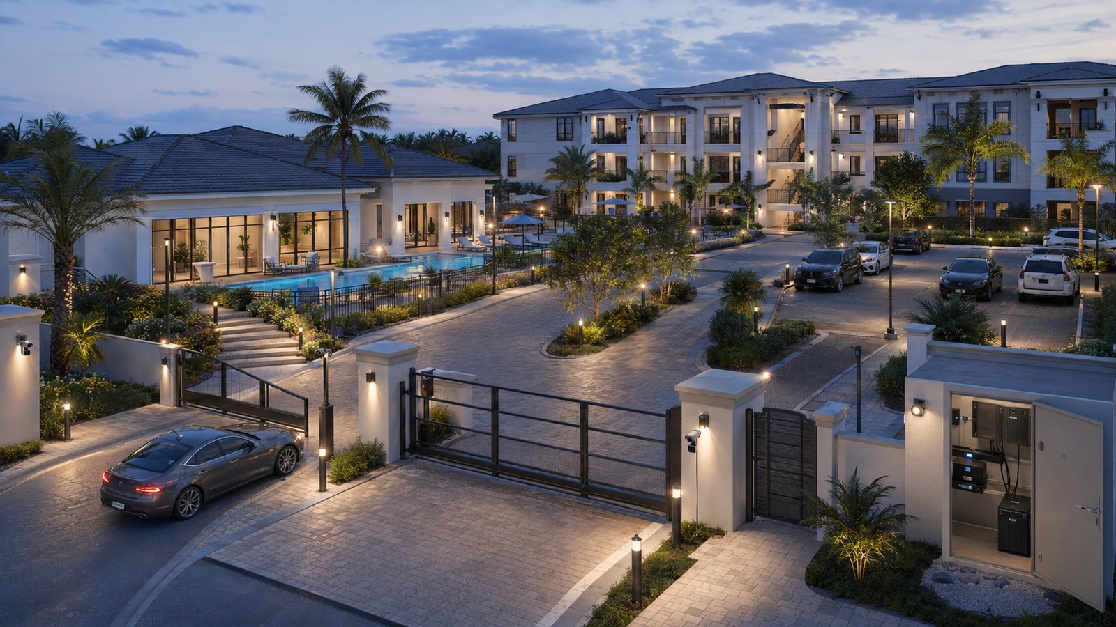 Smart lighting infrastructure coordinating entrances, pathways, parking, amenities, landscaping, security areas, and centralized property controls.