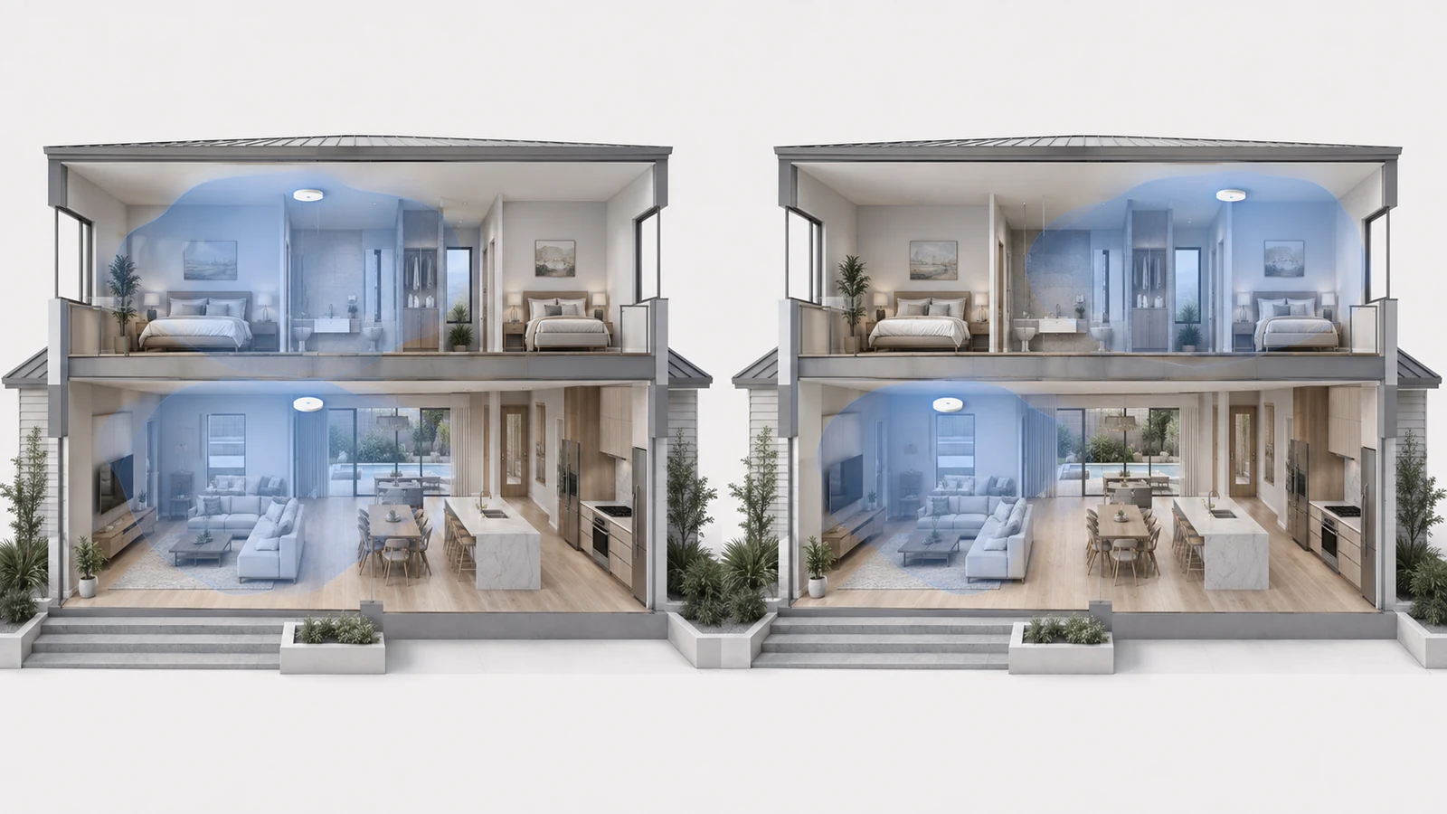 Two-story home comparison showing access points stacked in the same vertical area versus staggered across different rooms on each floor
