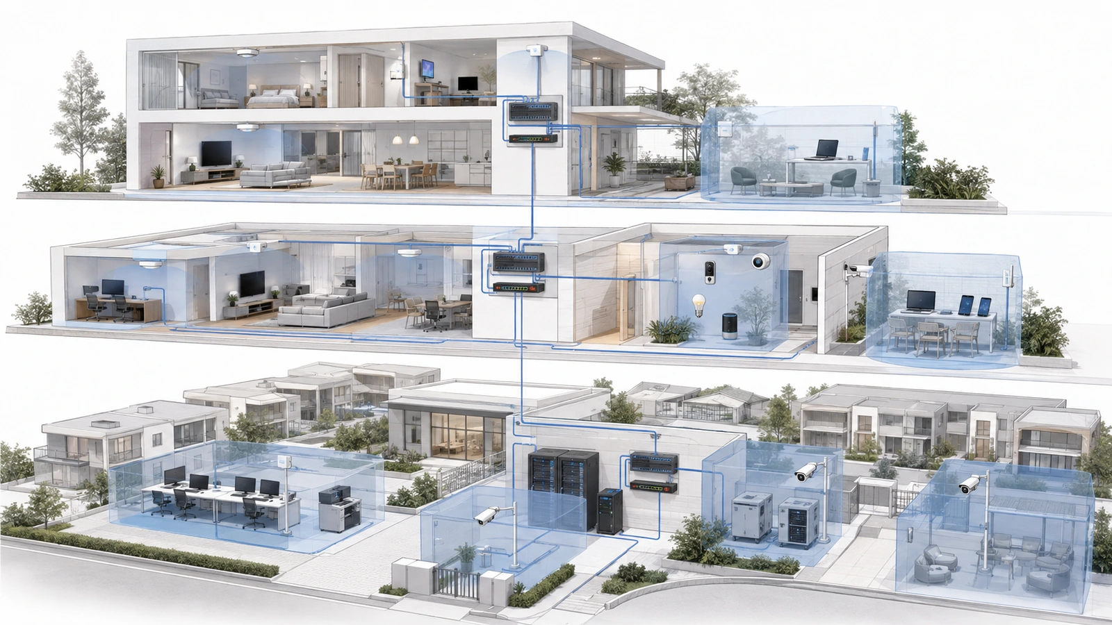 Three proportional network designs progressing from isolated guest access to residential VLANs and structured community segmentation