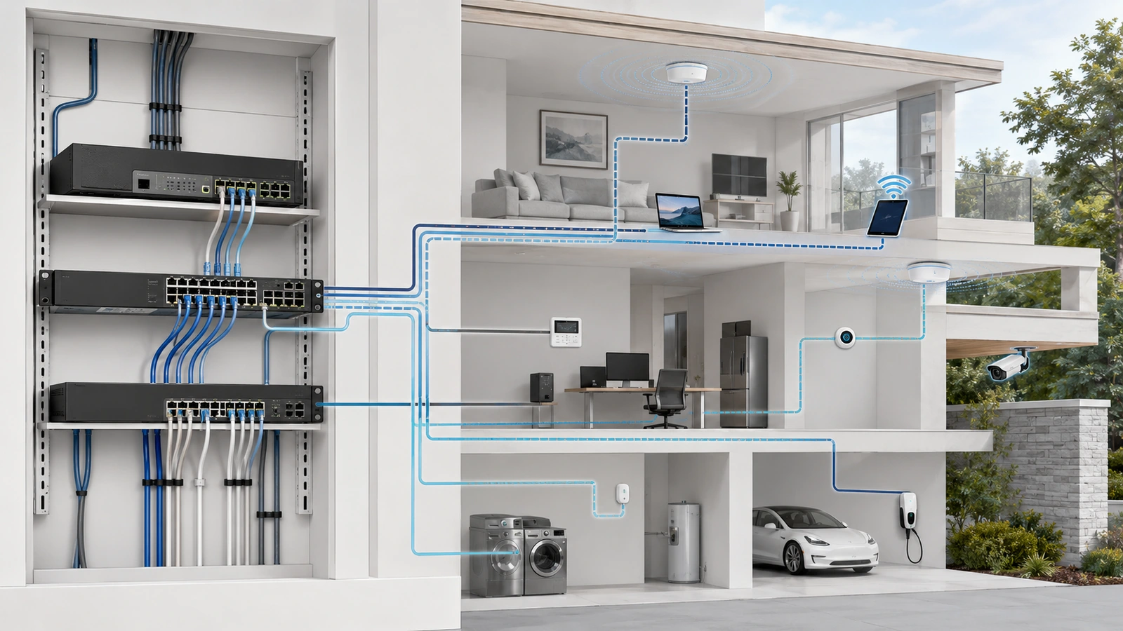 Multiple VLAN zones sharing managed switch uplinks and separating at assigned wired ports and wireless access points