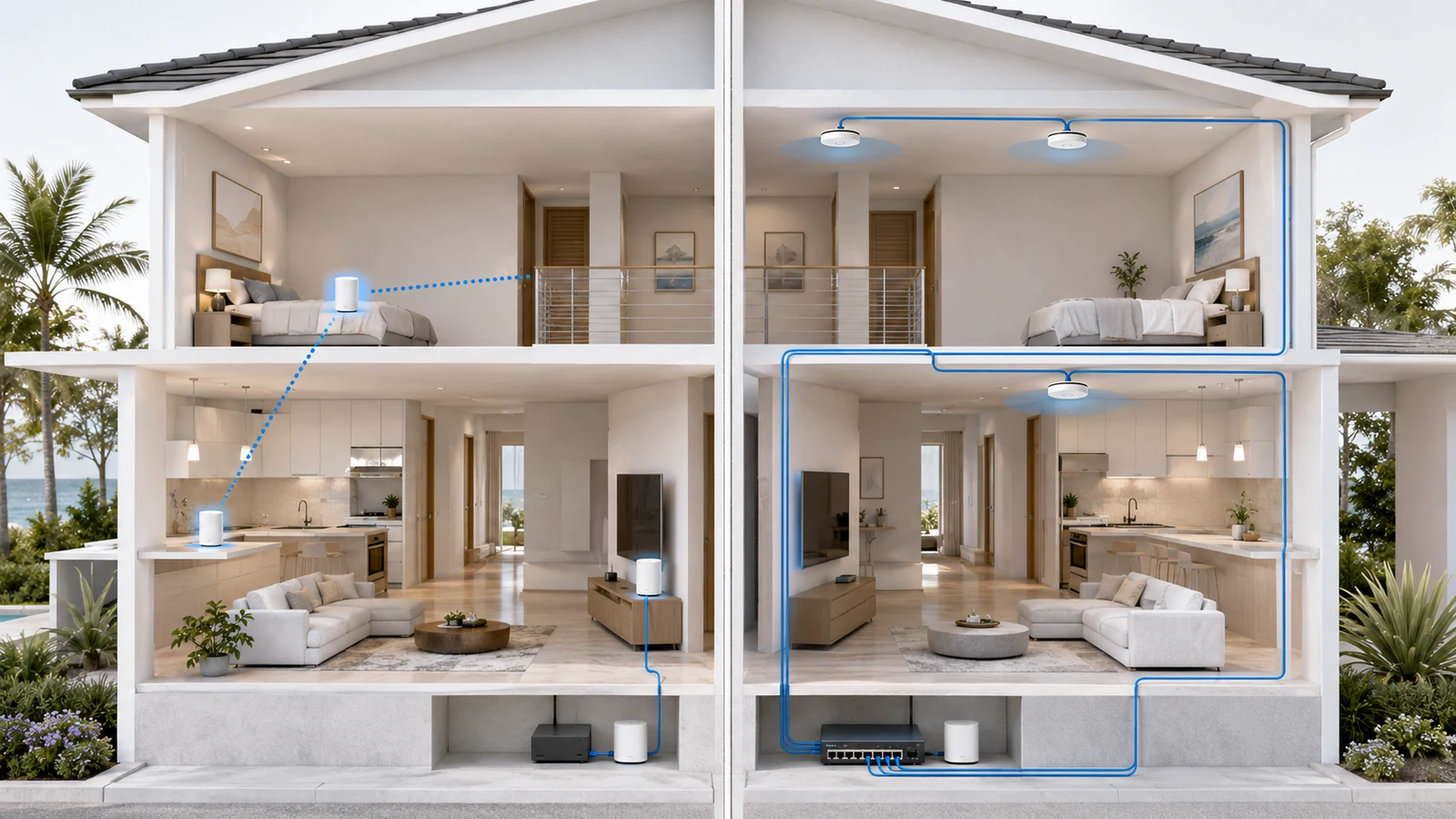 wifi-mesh-vs-wired-backhaul-home Split two-story home comparing wireless mesh nodes with Ethernet-connected access points using wired backhaul