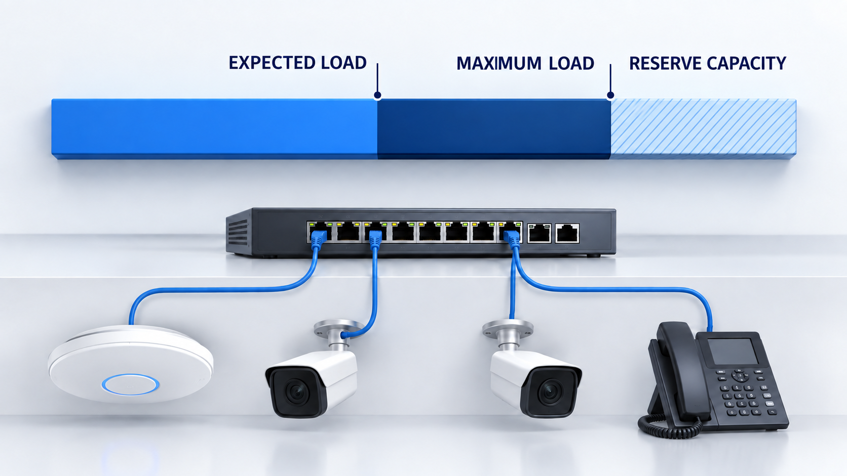 PoE capacity plan showing expected load, maximum load, and reserve capacity