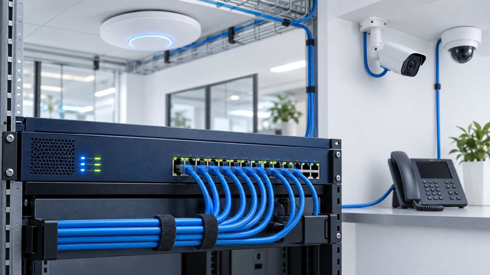 PoE switch supplying power to wireless access points, security cameras, and a VoIP phone