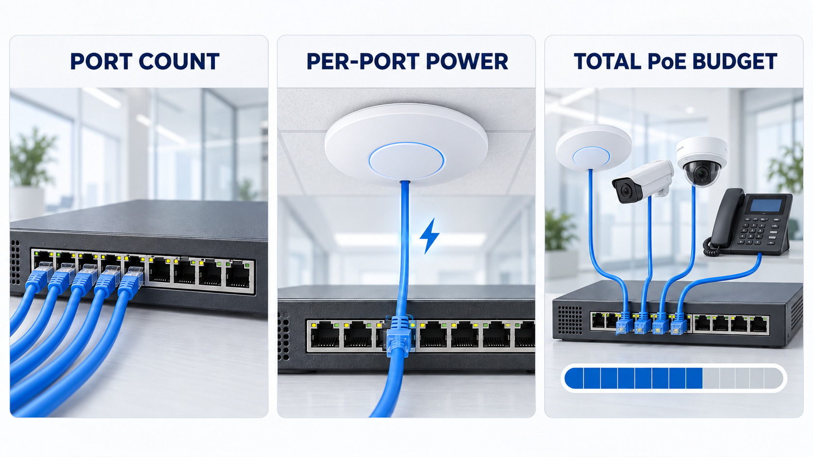 Three PoE switch sizing checks including port count, per-port power, and total PoE budget